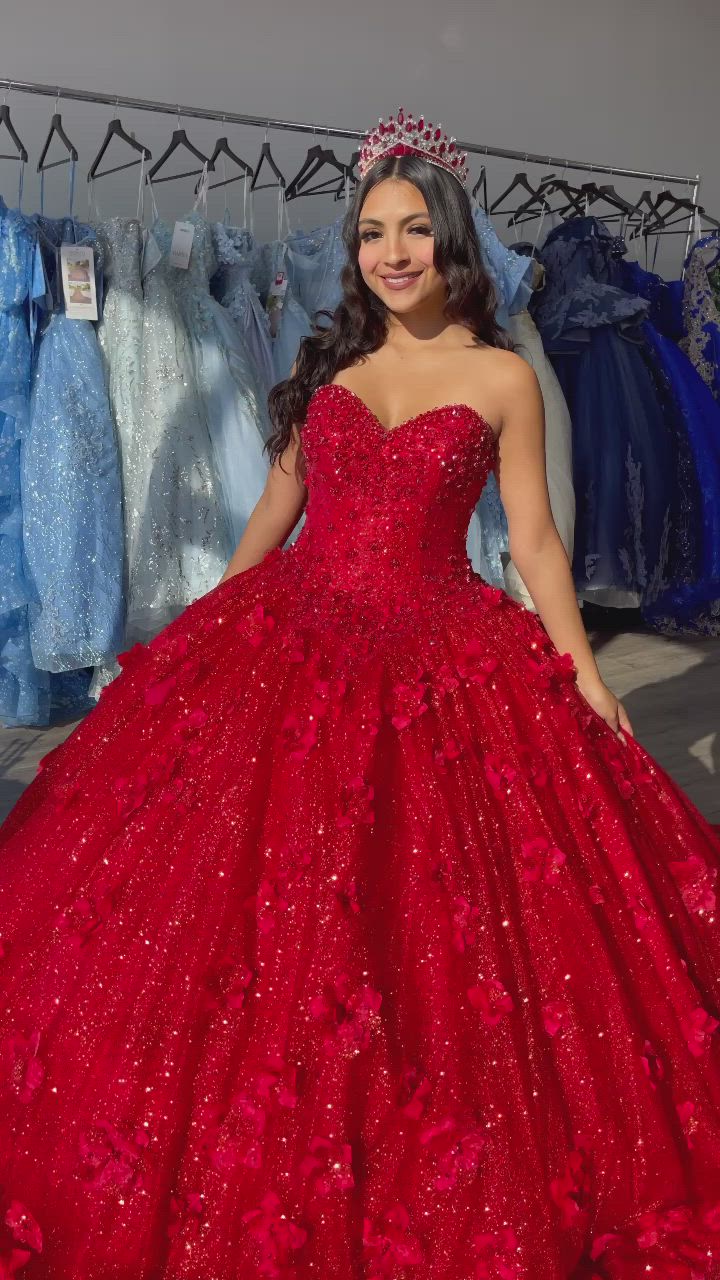 This contains an image of: Red quinceañera dress