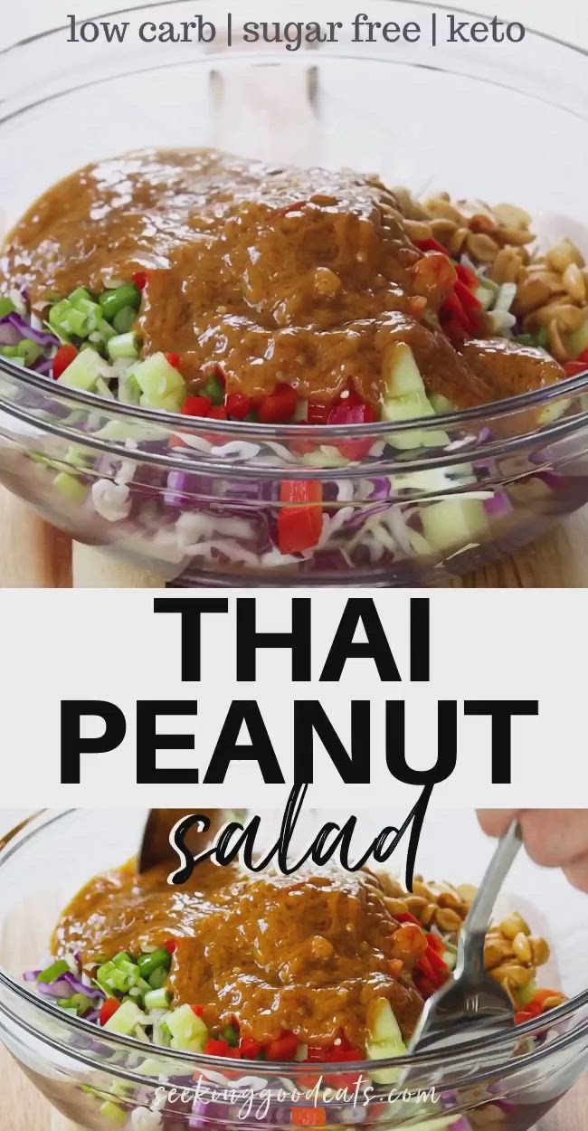 This may contain: this thai peanut salad is loaded with vegetables and nuts