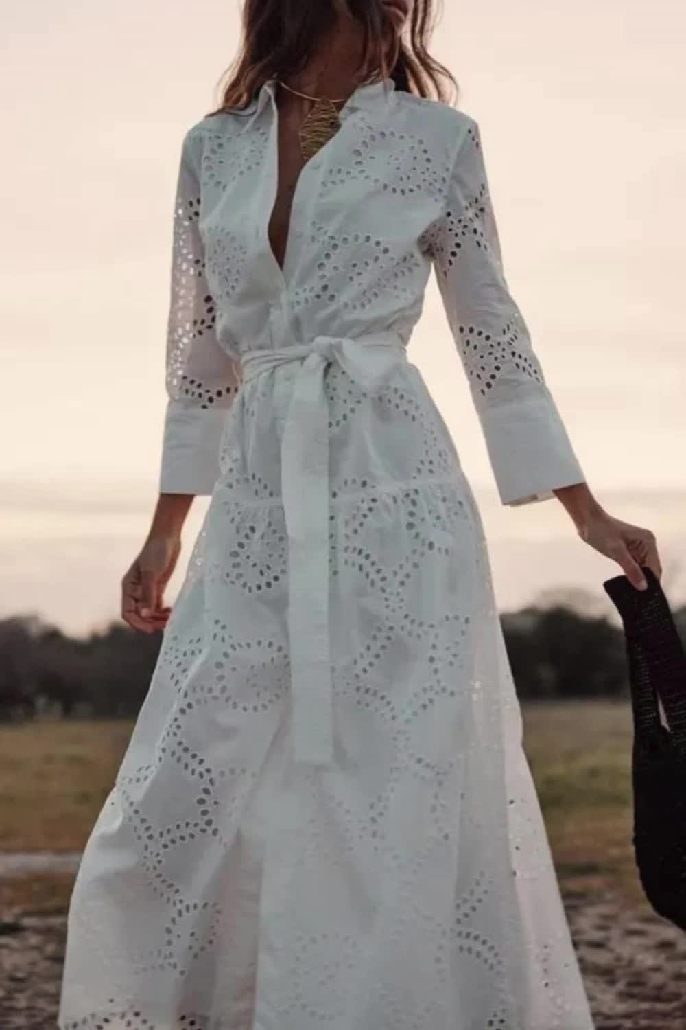 "Add charm to your wardrobe with this Casual Daily Solid Color Embroidered Hollow Out Lace Up Turndown Collar A Line Dress. Its intricate embroidery, flattering A-line cut, and stylish lace-up turndown collar make it a perfect blend of casual elegance for any occasion."