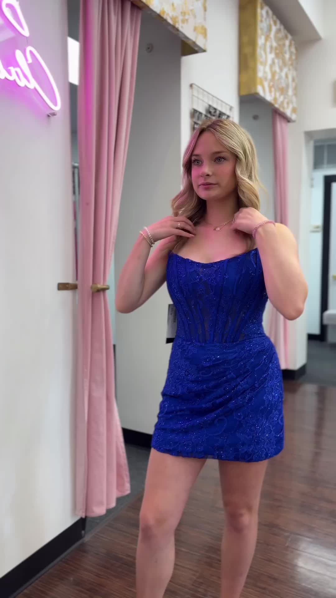 This contains: Strapless Royal Blue Lace Bodycon Short Dress