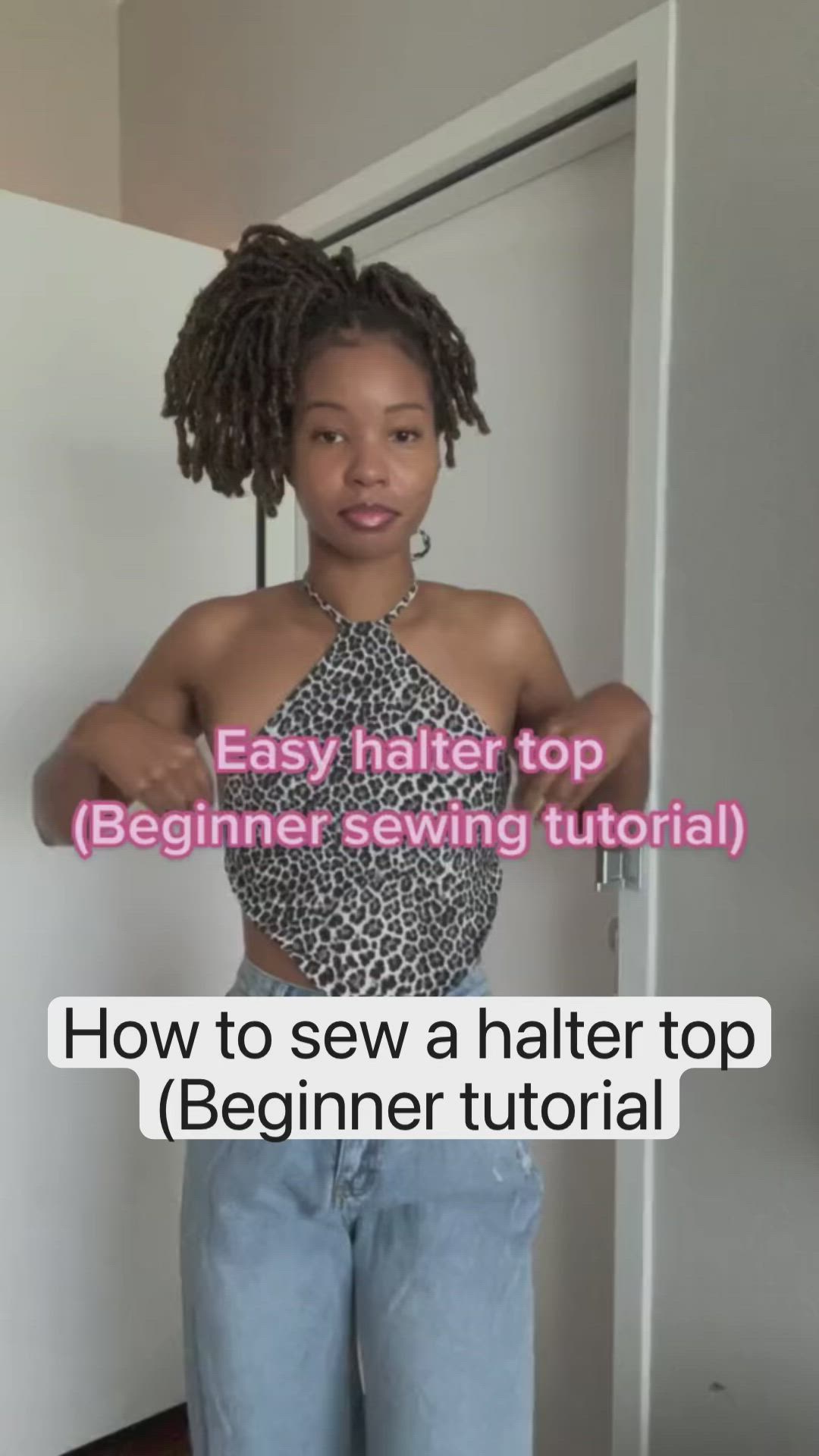 This may contain: a woman standing in front of a door with the words easy hair top beginner sewing pattern