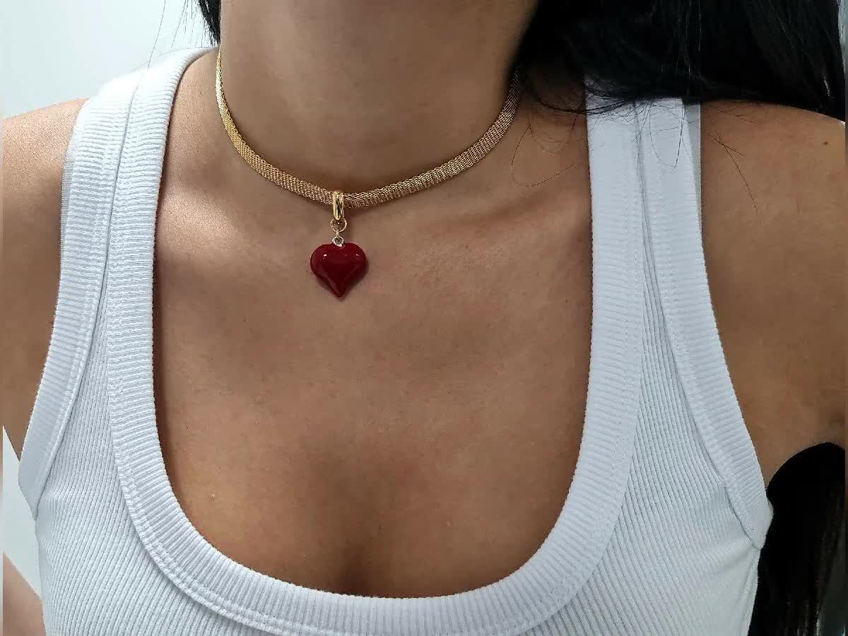 Red heart Collar, Heart Necklace, Red heart  pendant necklace, Gold Choker Necklace, Gold Snake Chain, Day Collar For Wife, Gift For Mom