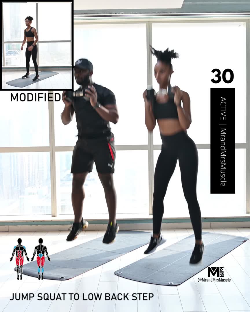 This may contain: two people doing exercises in front of a window with the caption jump squat to low back step