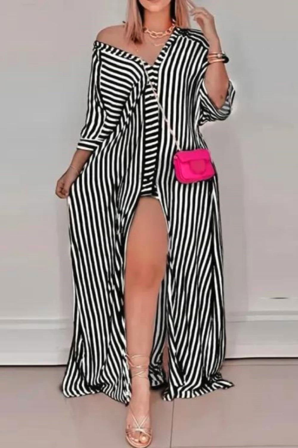 Women's Striped Long Dresses, V-Neck Party Dating Casual Dress