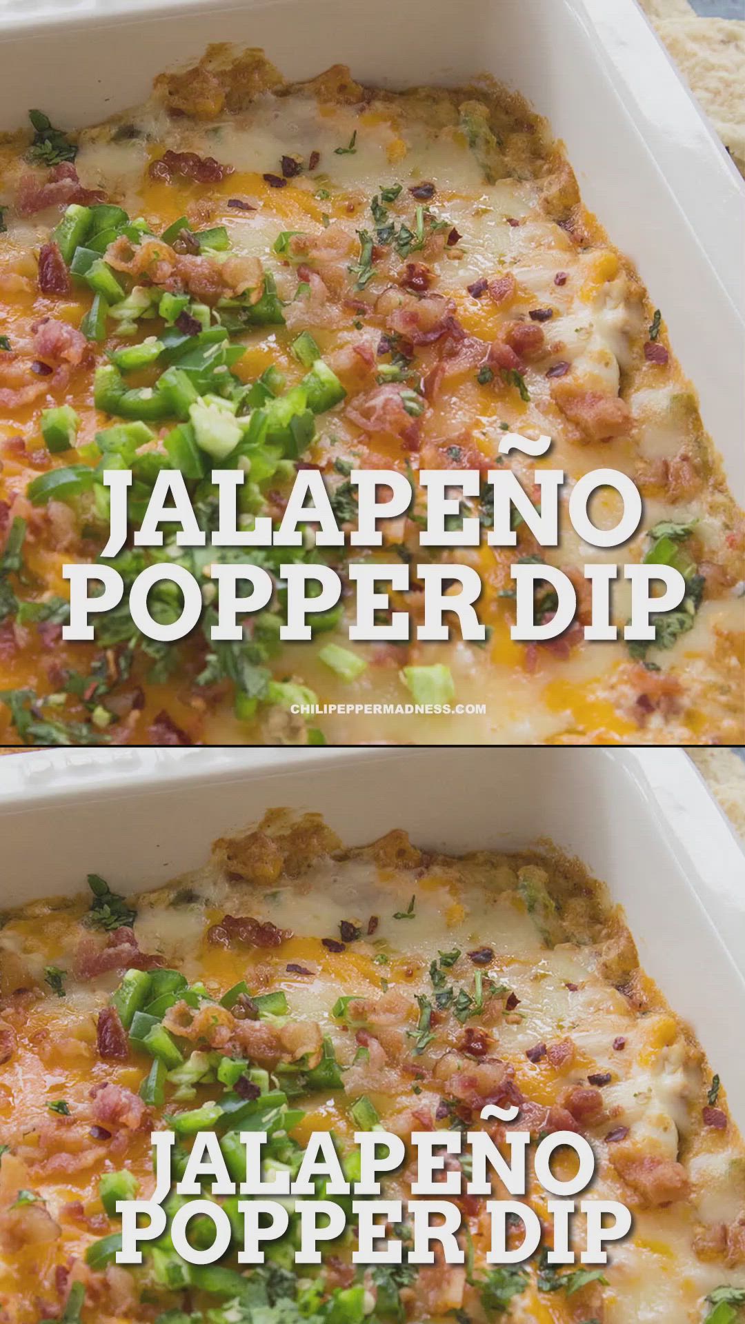 This may contain: jalapeno popper dip with bacon in a casserole dish