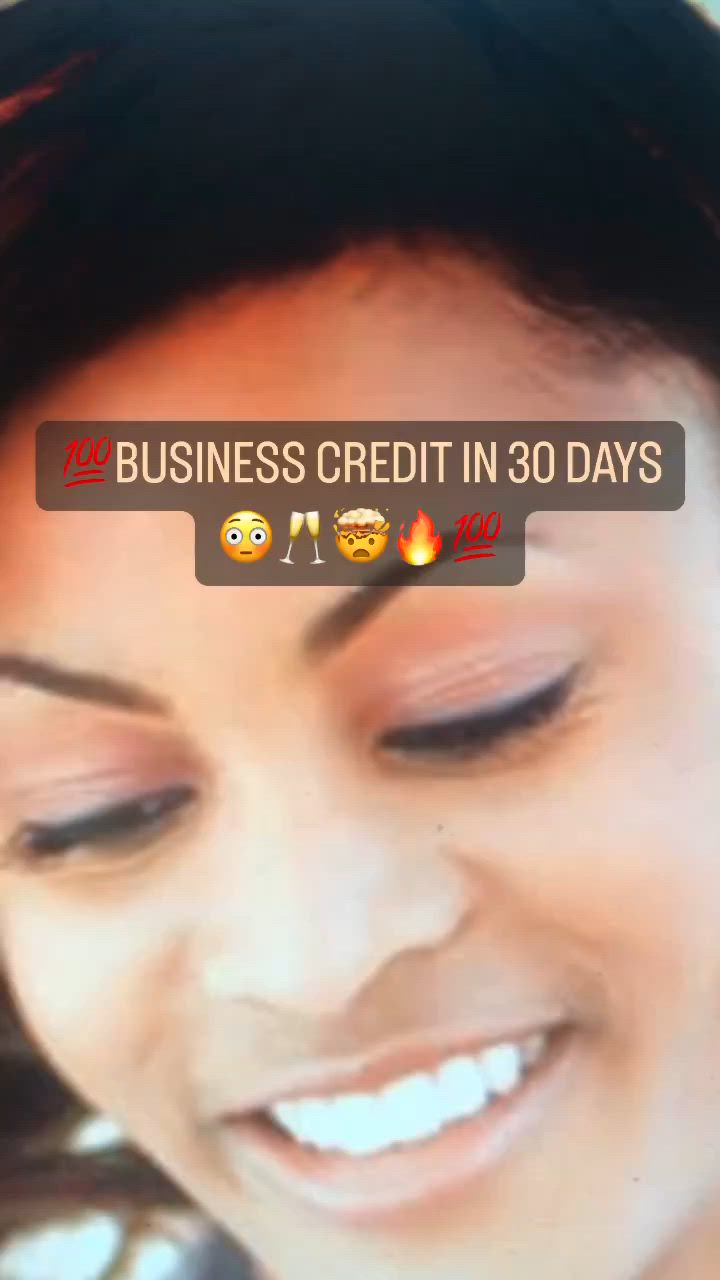 This may contain: a woman smiling with her eyes closed and the words business credit in 30 days above her face