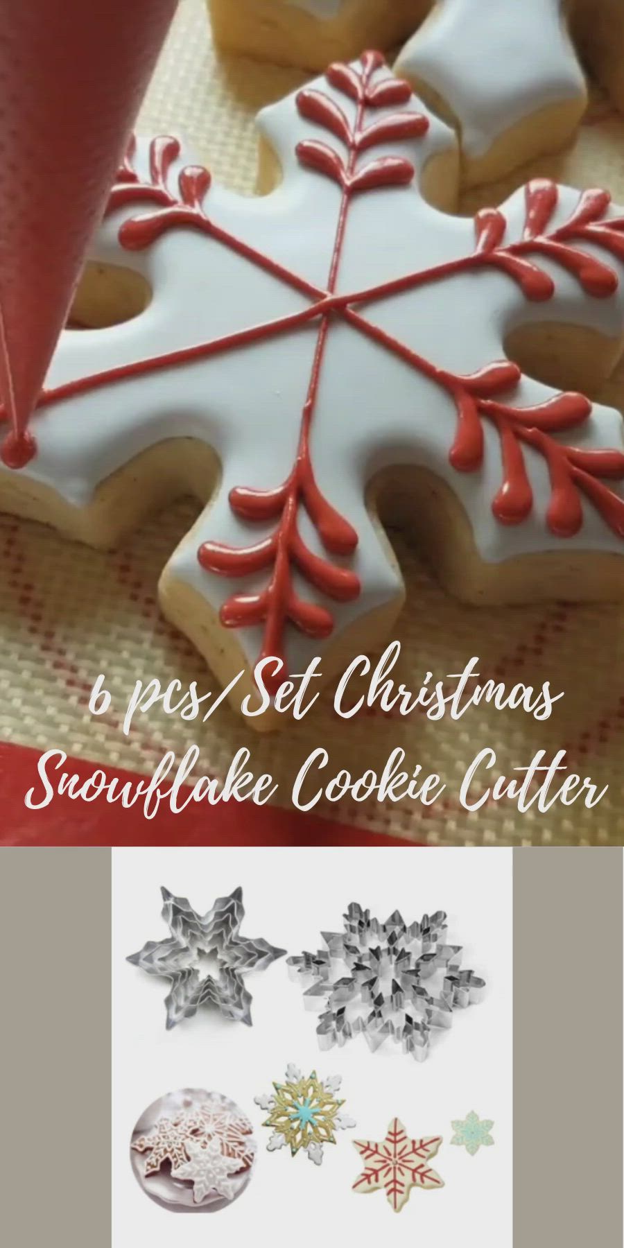 This may contain: christmas cookies decorated like snowflakes with red and white frosting