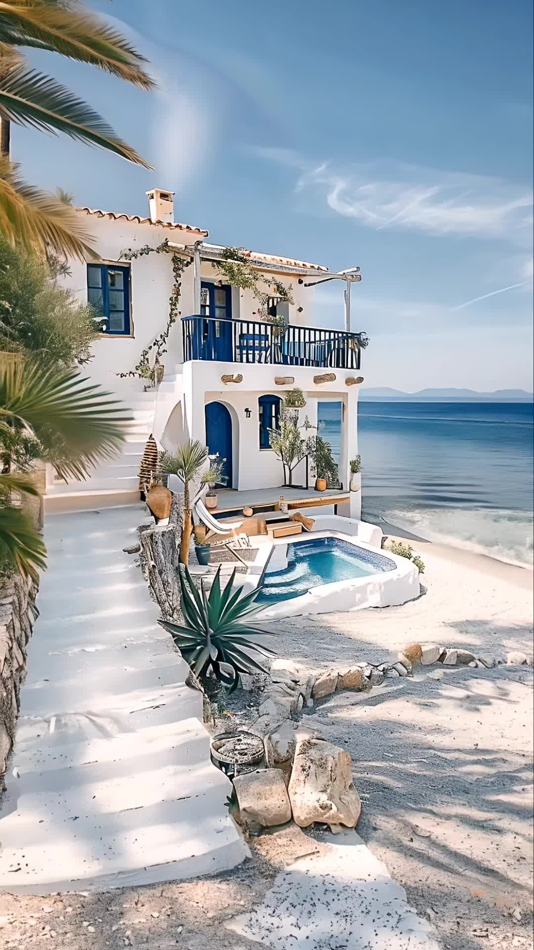 This may contain: a house on the beach with a swimming pool