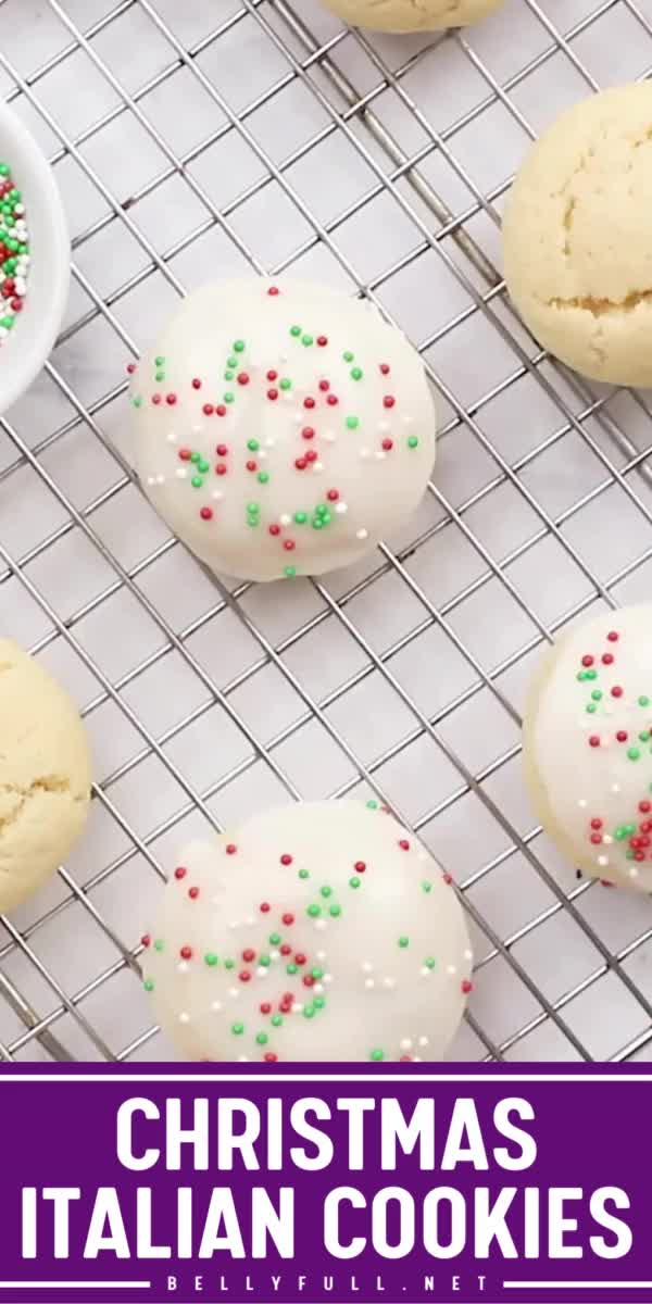 This contains: Make your holiday special with Christmas Italian Cookies, the ultimate Christmas dessert idea! These easy Christmas cookies, featuring Italian Wedding Cookies and almond flavored sugar cookies, are topped with red and green sprinkles. Perfect for a cookie platter and freezer friendly. Try it now!