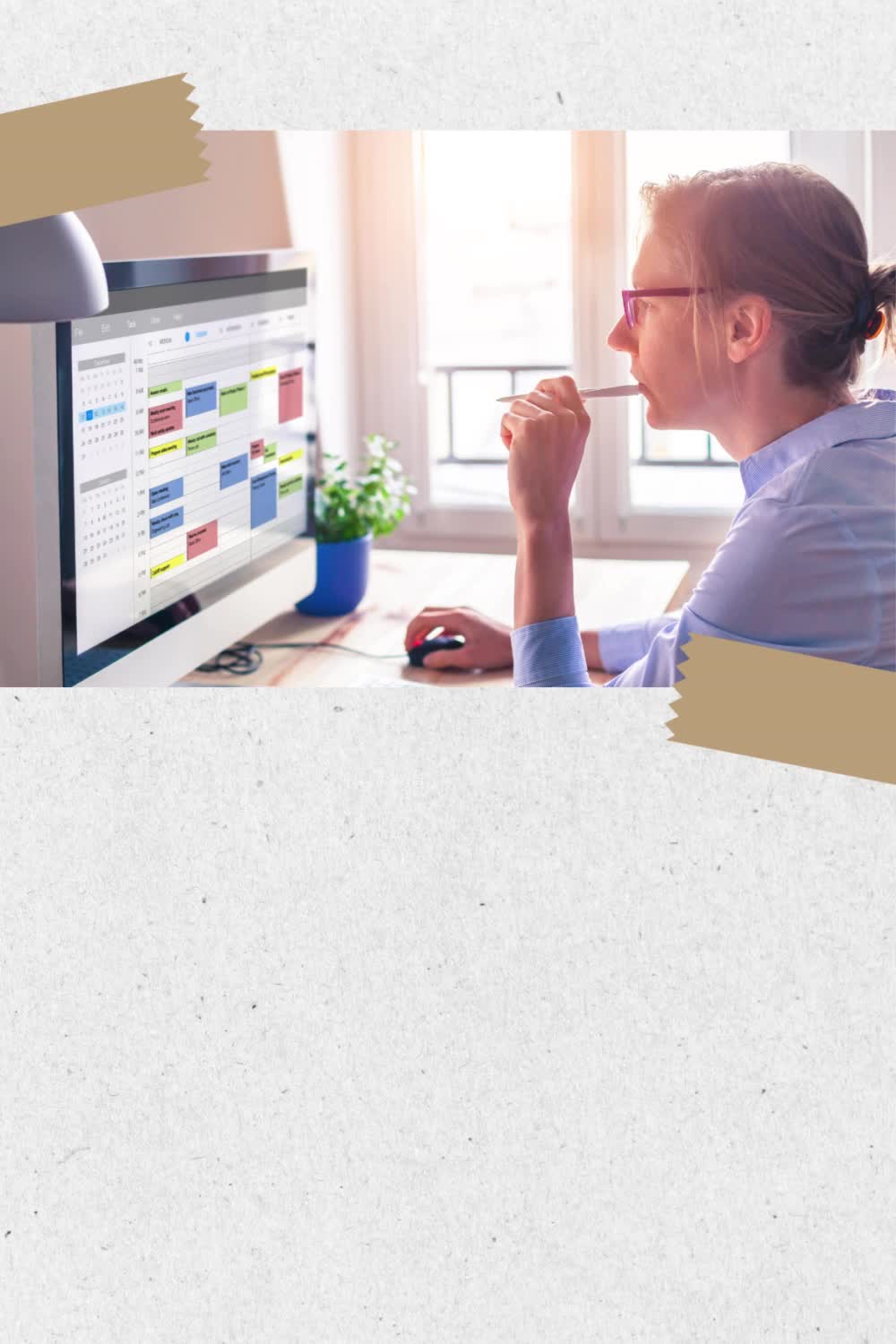 This may contain: a woman looking at a computer screen with the words 3 key components of effective time management