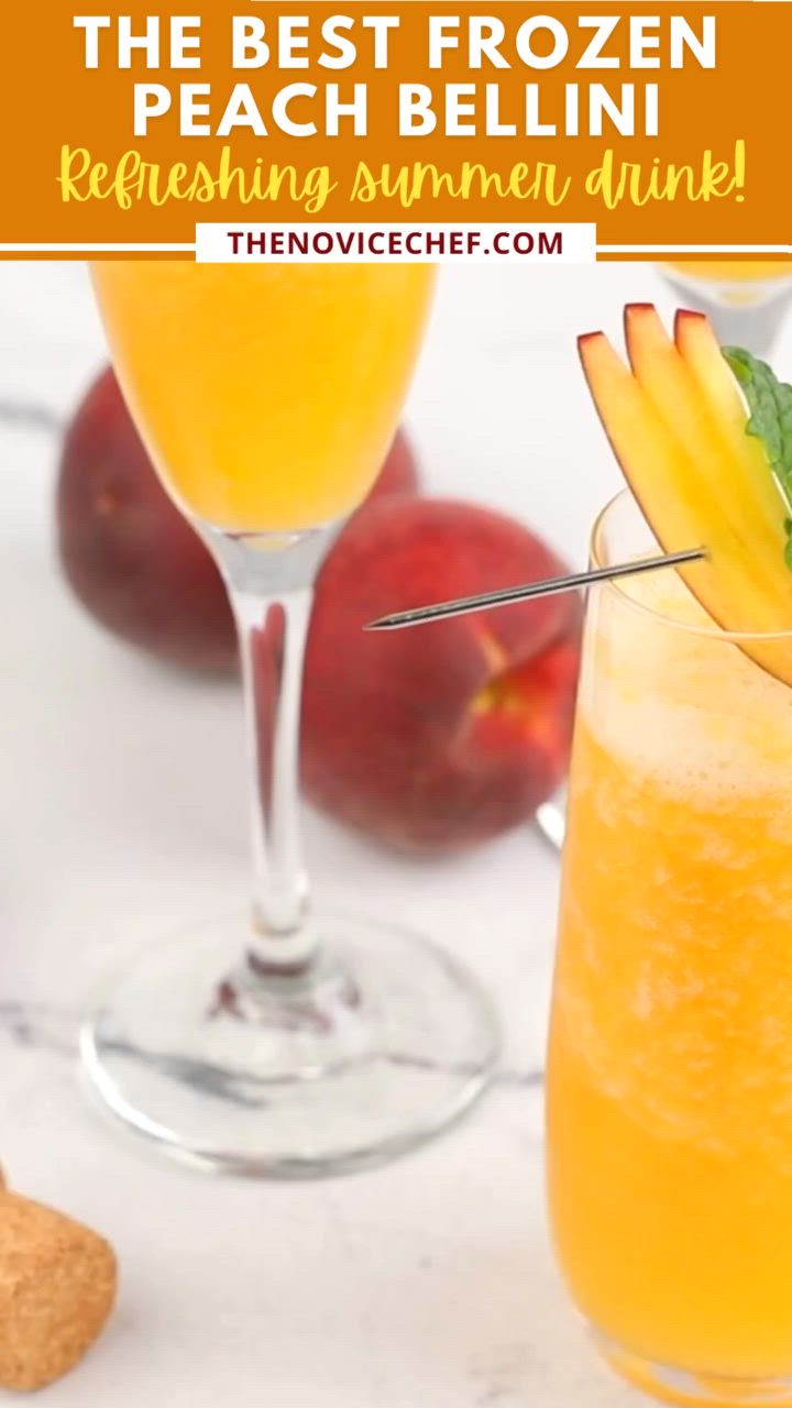 This may contain: the best frozen peach bellini refreshing summer drink