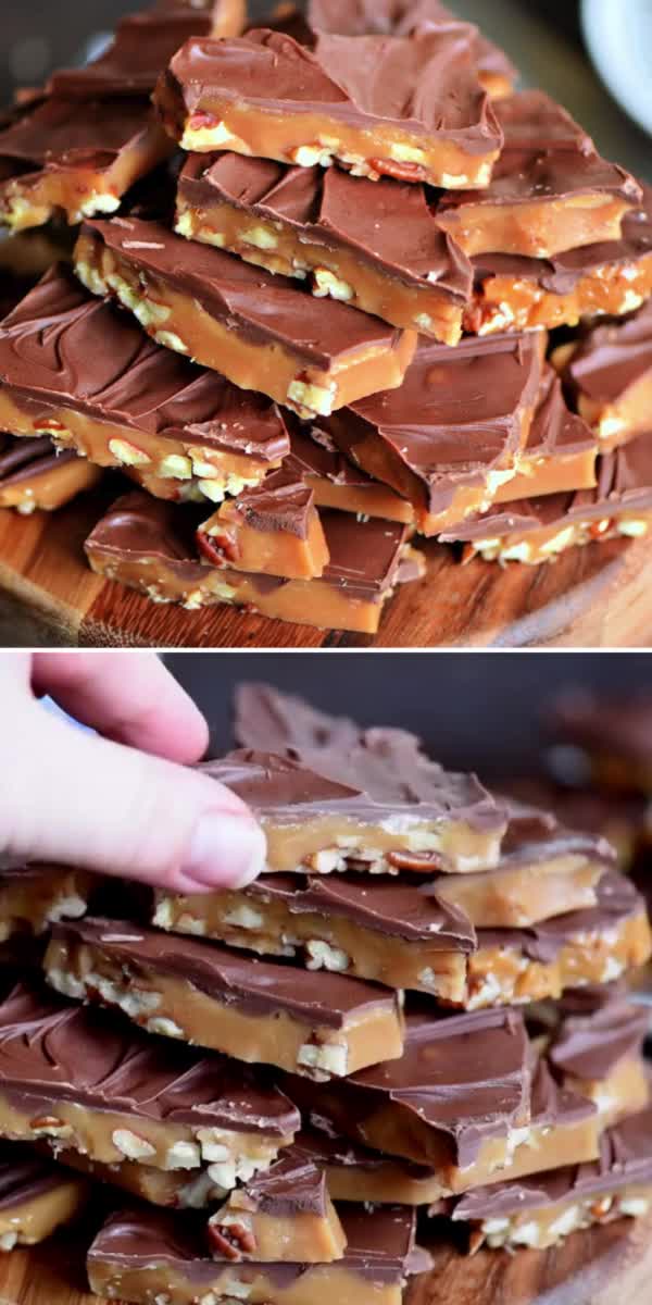 This contains: This yummy treat is just in time for your craving! Rich and buttery with sweet milk chocolate and crunchy pecans, this toffee candy is an easy dessert idea you'll surely love. Save this simple no-bake recipe and enjoy this better than anything toffee!