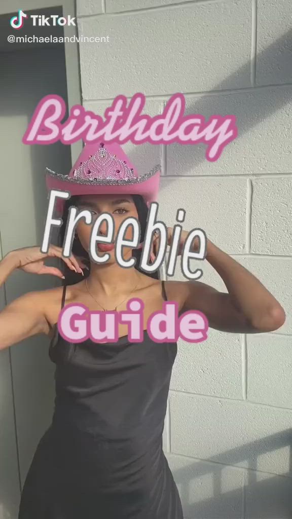 This may contain: a woman in a black dress and pink hat with the words birthday freebie guide