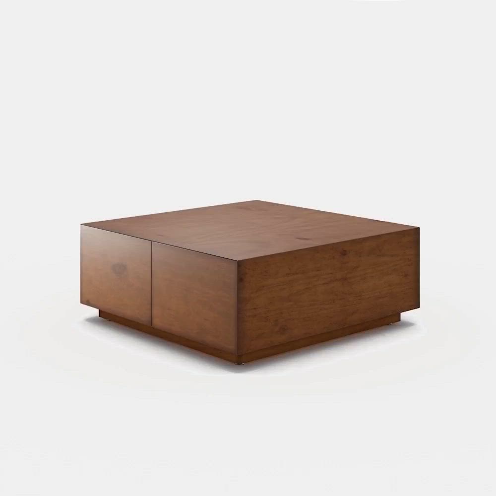 This may contain: a square wooden table with two drawers on the top and one drawer open to reveal something