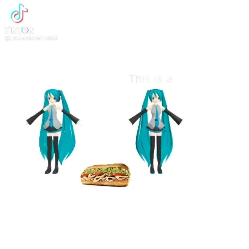 This may contain: an anime character with long blue hair is standing next to a sandwich on a white background