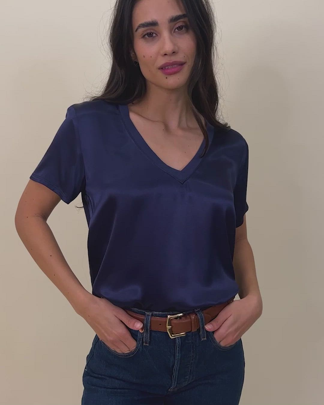 The V neck version of your favorite luxe Hammered Satin tee with a laid-back ribbed neckband. Sexy, effortless, and already a classic. (This one comes in It's Navy.) | Women's June Short Sleeve Top in It's Navy | Ethical Essentials