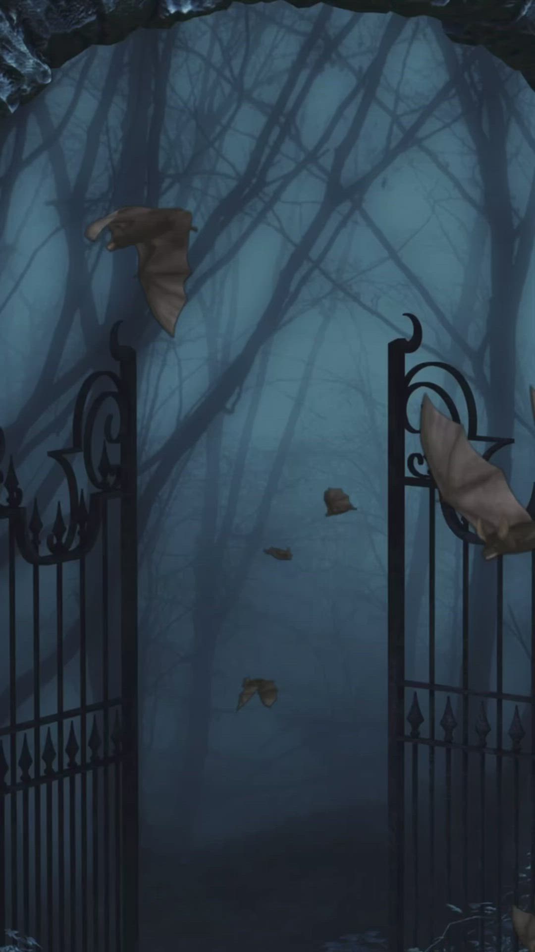 This may contain: an image of a creepy gate in the dark forest with bats coming out from it