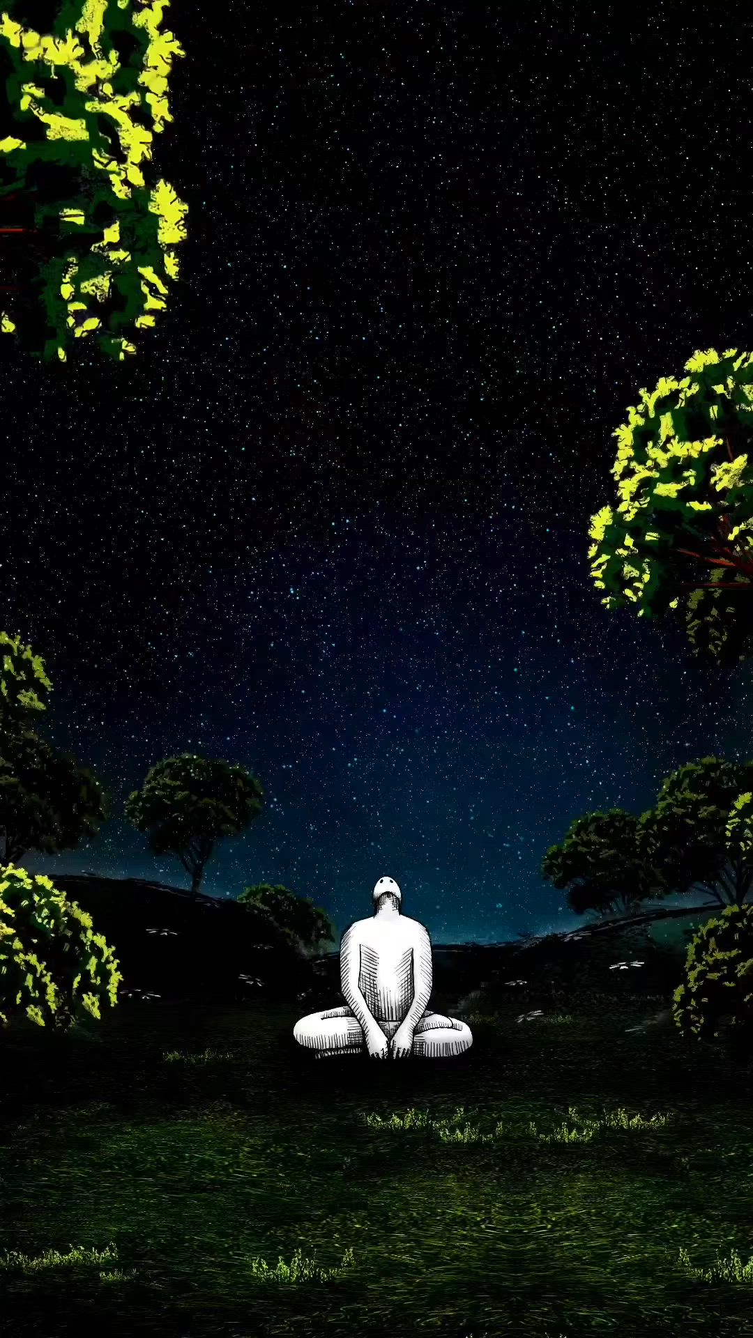 This may contain: a man sitting in the middle of a field under a night sky filled with stars