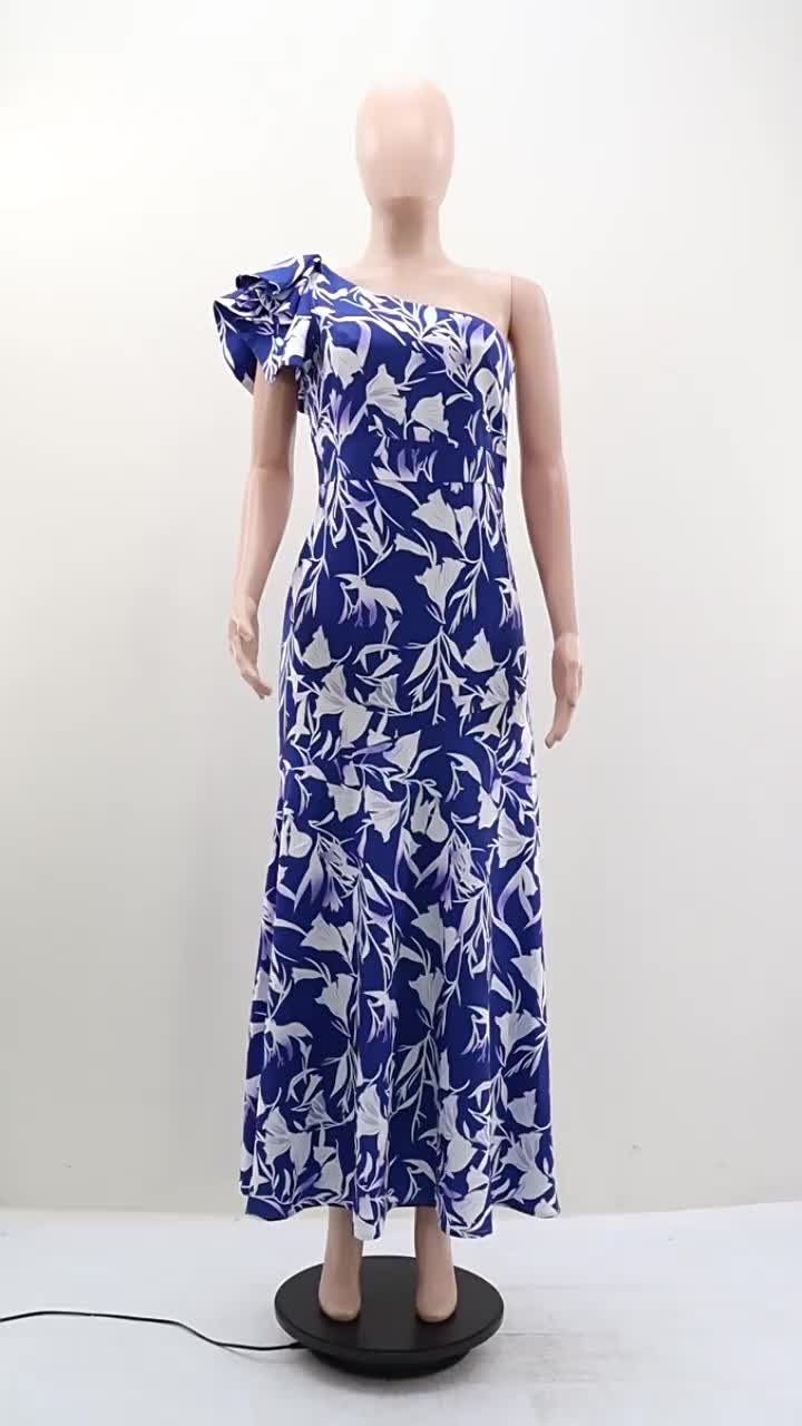 This contains an image of: Casual Print Patchwork Backless Oblique Collar Long Dresses