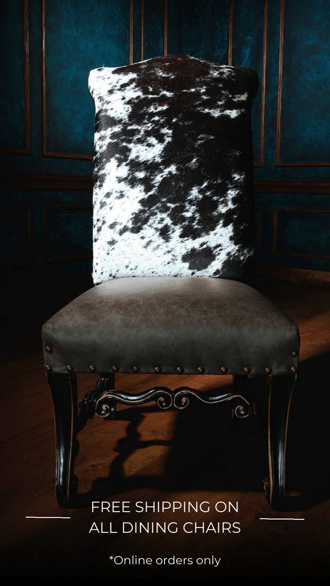 This may contain: a black and white cowhide chair with the text free shipping on all dining chairs