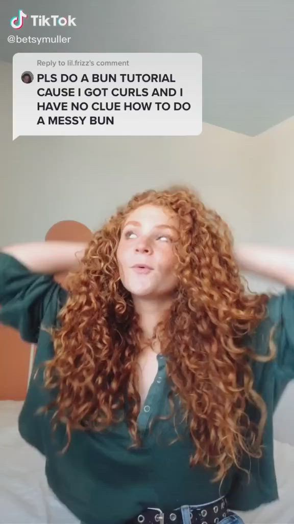 This contains an image of: Curly hair messy bun tutorial