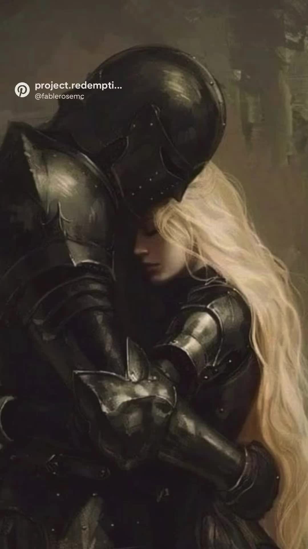 This may contain: a woman in armor hugging a man with long blonde hair