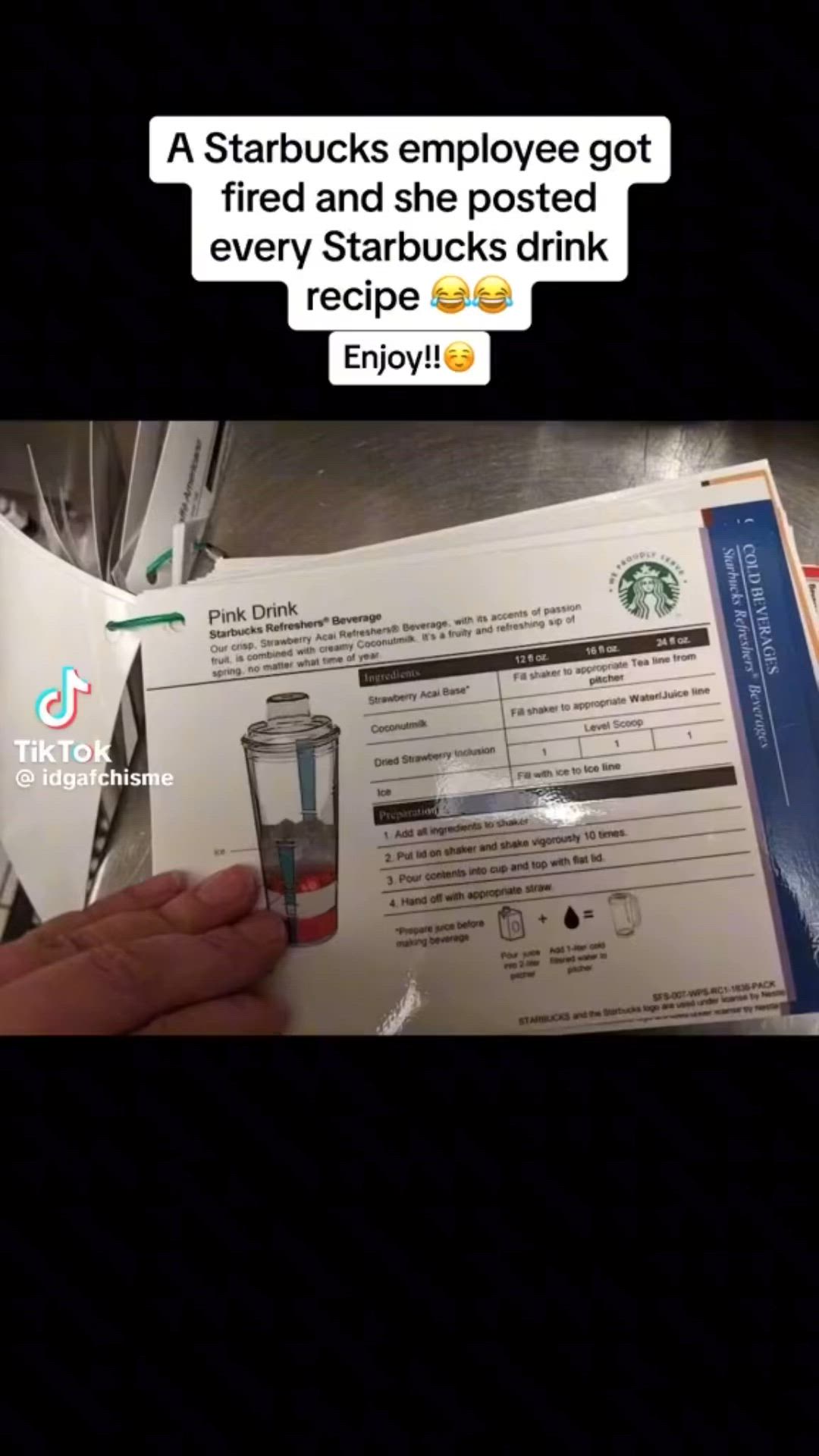 This may contain: someone holding up a starbucks drink in front of a receipt with the text starbucks employee got fired and she posted every starbucks drinks drink