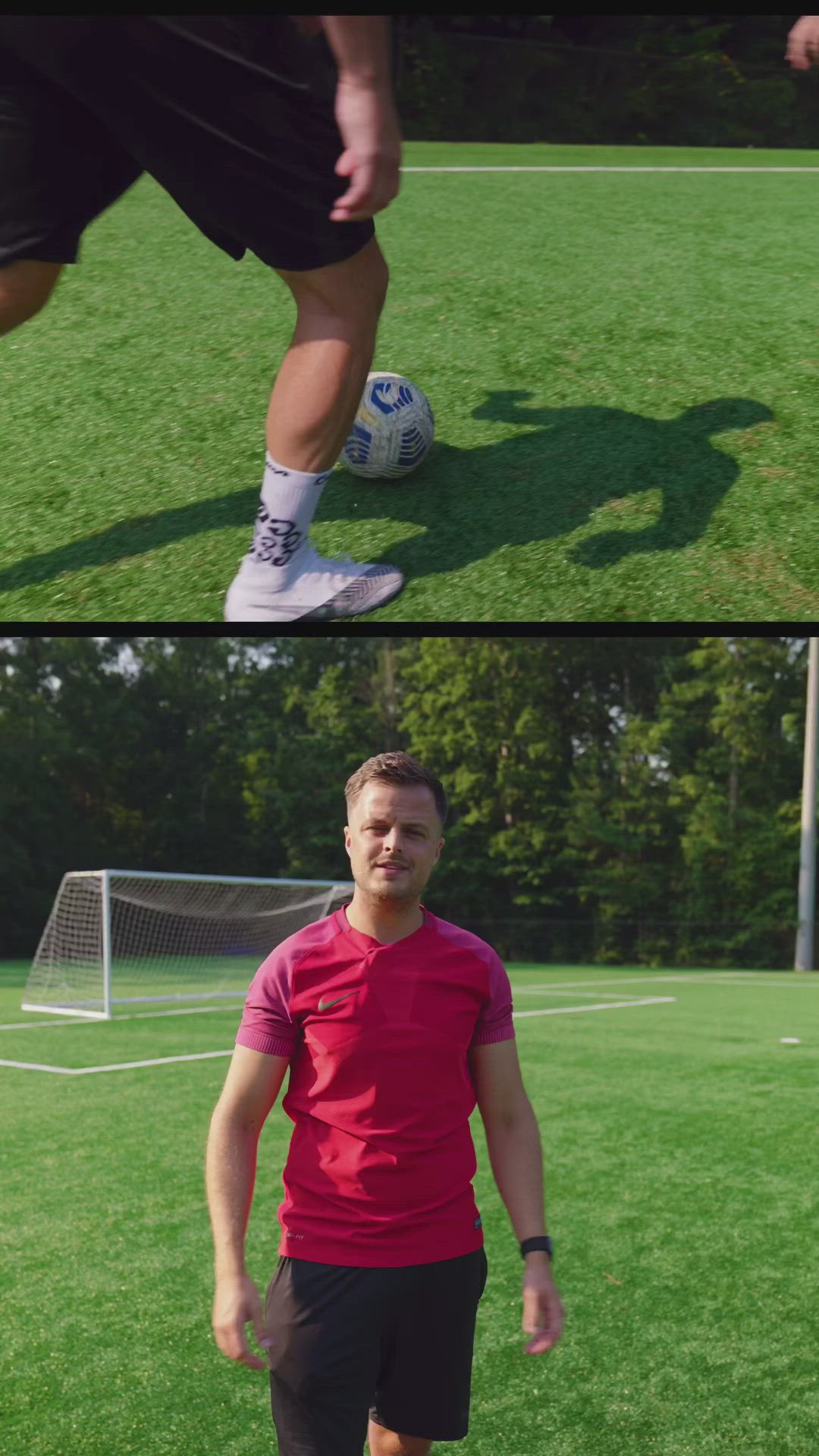 This may contain: two men playing soccer on a field with the words 3 steps to learn the ronaldo chop