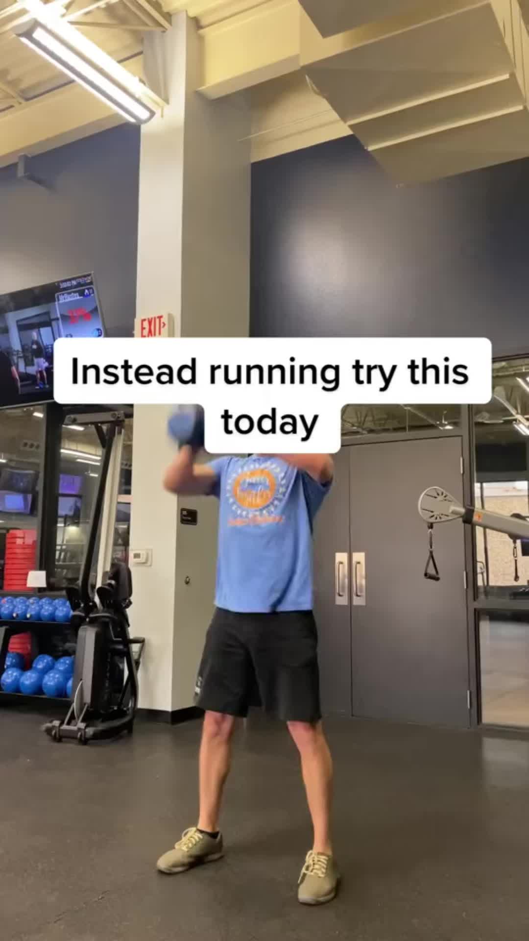 This may contain: a man standing in front of a gym machine with the words instead running try this today