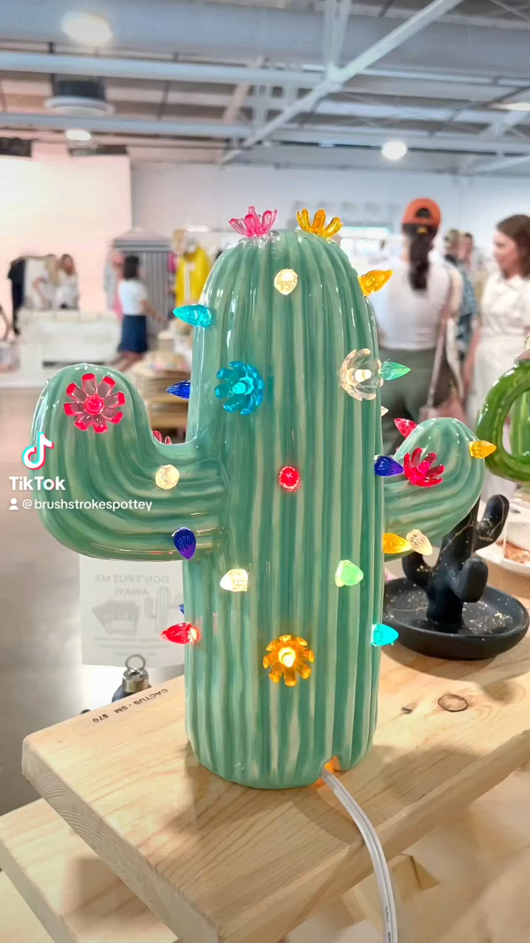 This may contain: a green cactus sitting on top of a wooden table next to other items and people in the background