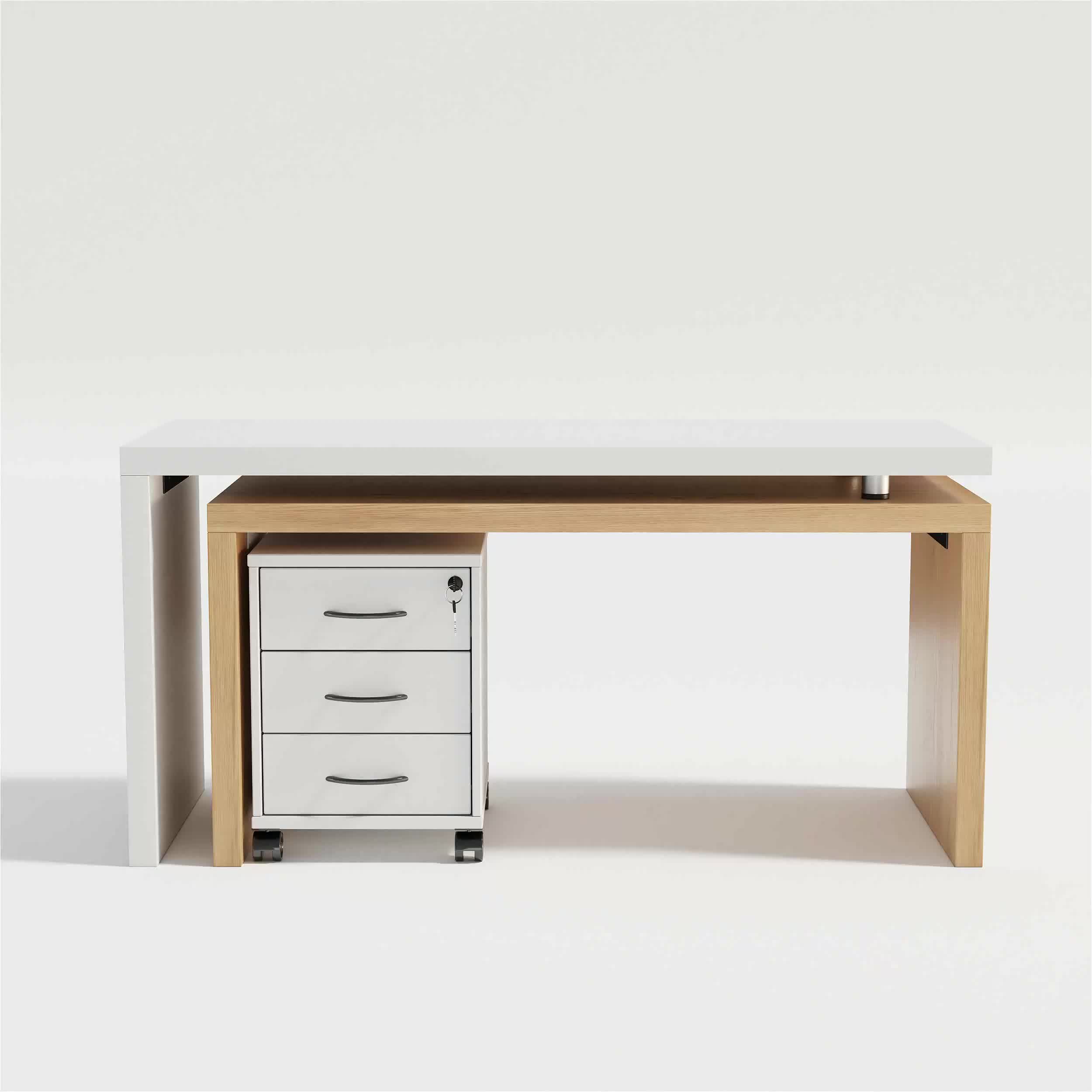 This may contain: an office desk with two drawers and a file cabinet on the bottom, against a white background