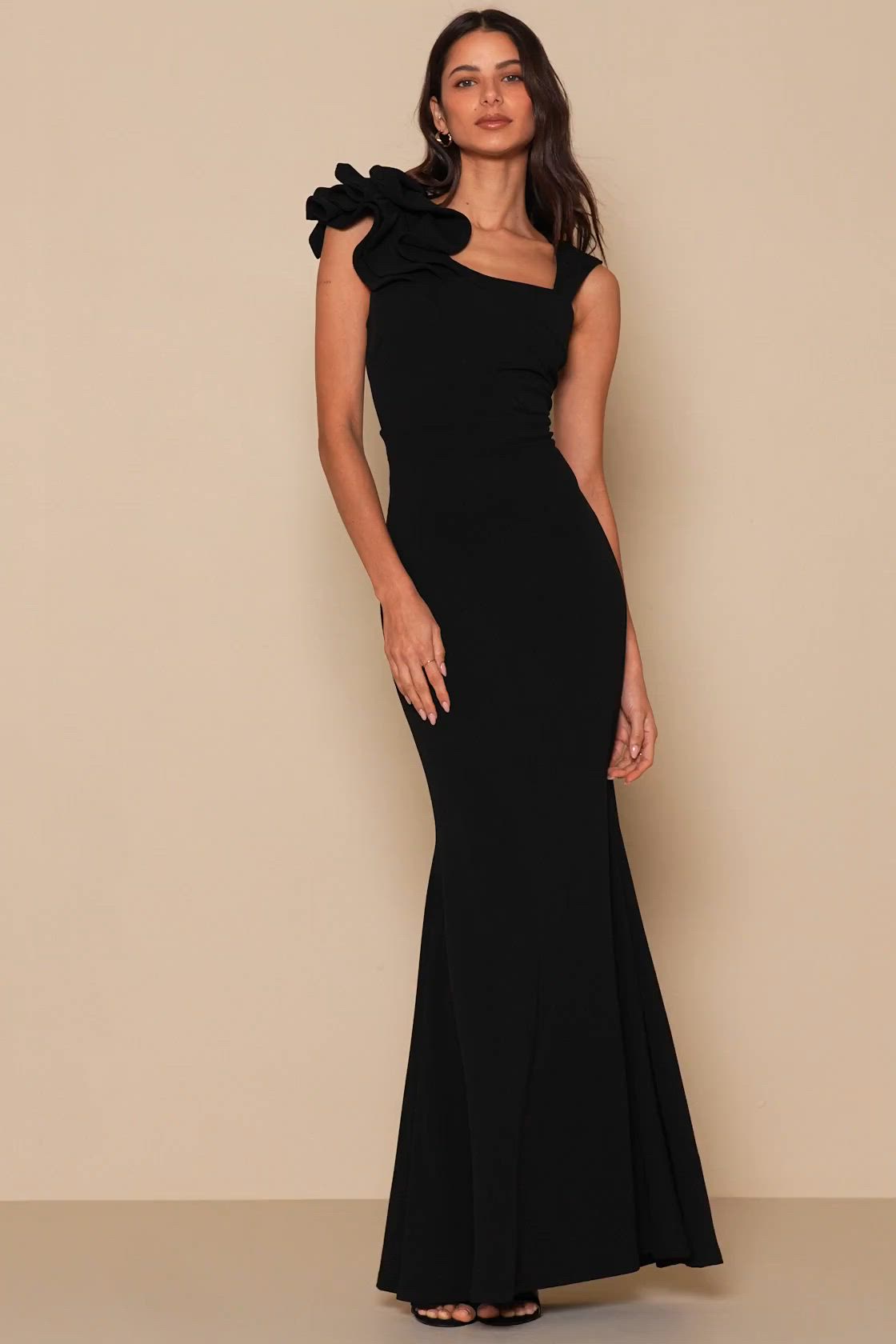 We love the elegant and timeless look of the Lulus Lucette Black Sleeveless Ruffled Mermaid Maxi Dress! Medium-weight crepe knit shapes this stunning maxi dress with a seamed, darted bodice and asymmetrical square neckline. A flared strap at one side and flouncy ruffled shoulder at the other, create a statement-making look. A fitted, banded waist and figure-flattering maxi skirt fall to a mermaid hem. Hidden back zipper/clasp. Fit: This garment fits true to size. Length: Floor length. Size medium measures 60.5" from shoulder to hem. Bust: Great for any cup size. Waist: Fitted - stretchy fabric allows custom fit. Hip: Fitted - stretchy fabric allows room for hips. Undergarments: May be worn with a strapless bra, adhesive bra, petals, or no bra. Fabric: Fabric has some stretch. Extra-long he