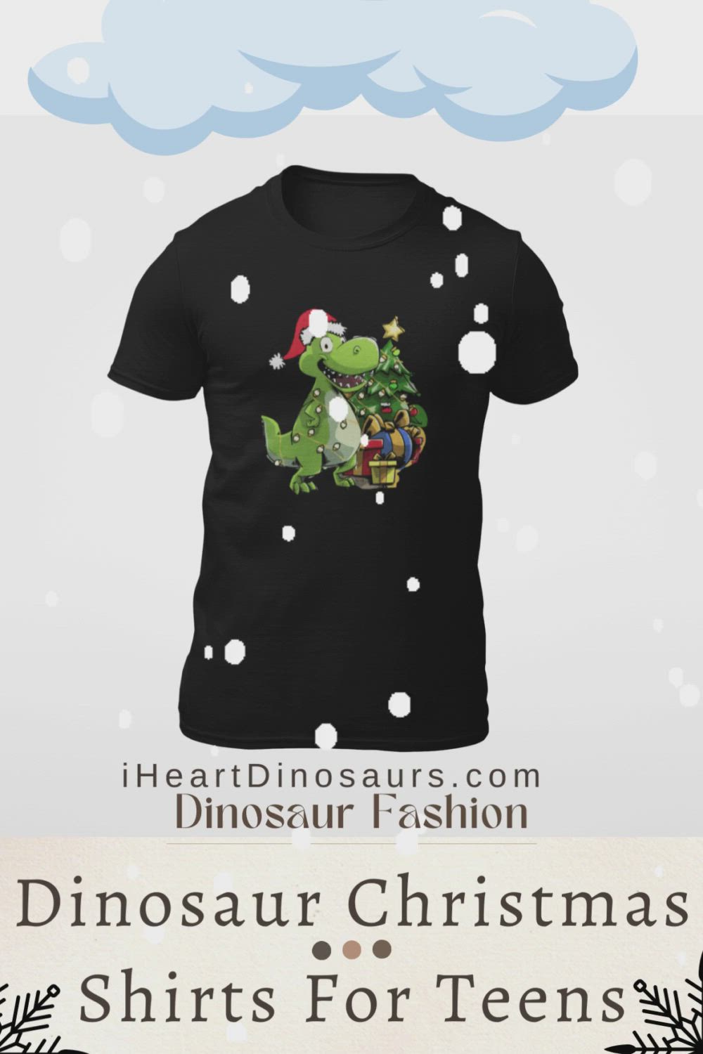 This contains: t-shirt showing a t rex wearing a santa clause hat in front of a christmas tree