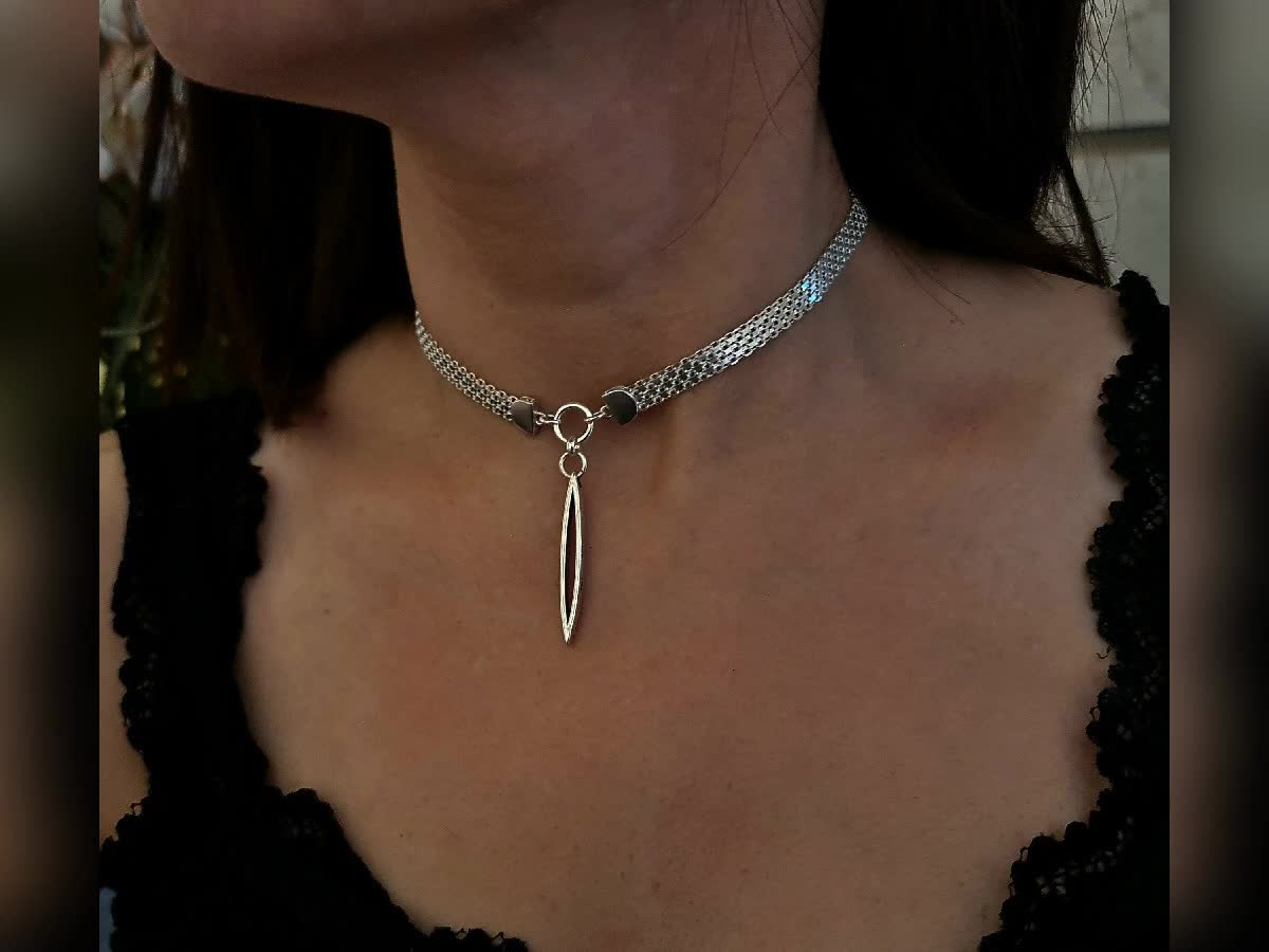 Sterling Silver Choker Necklace With Oval Pendant, Geometric Choker - Flat Snake Link Chain - O Ring Choker, Dainty Hoop Choker Gift for her