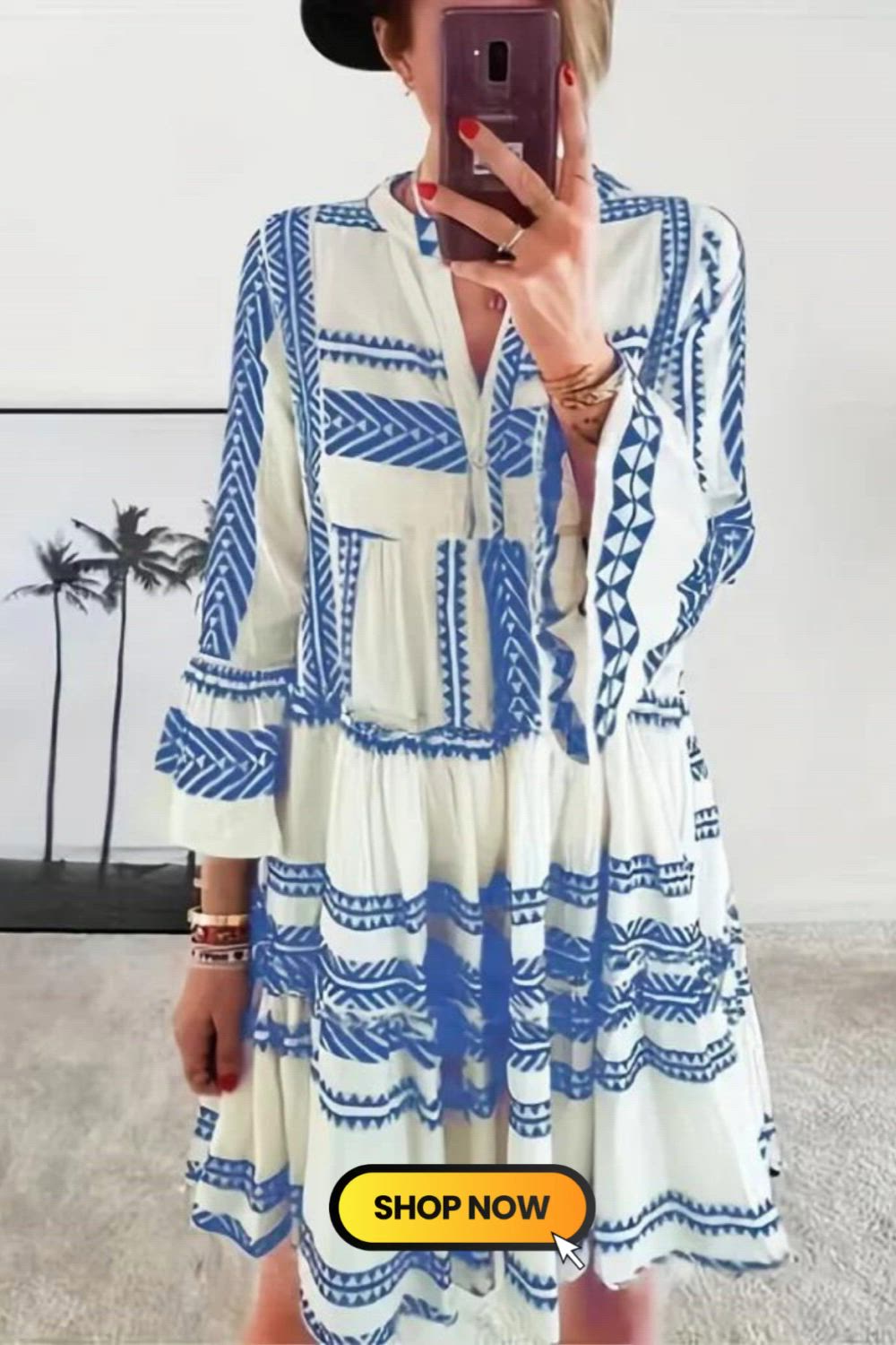 This Tribal Print Vacation Pleated Flared Sleeve Dress is a vibrant statement piece. With intricate tribal patterns adorning the fabric, its pleated design and flared sleeves exude a sense of playful elegance. Perfect for leisurely getaways, it embodies a fusion of cultural charm and contemporary style.