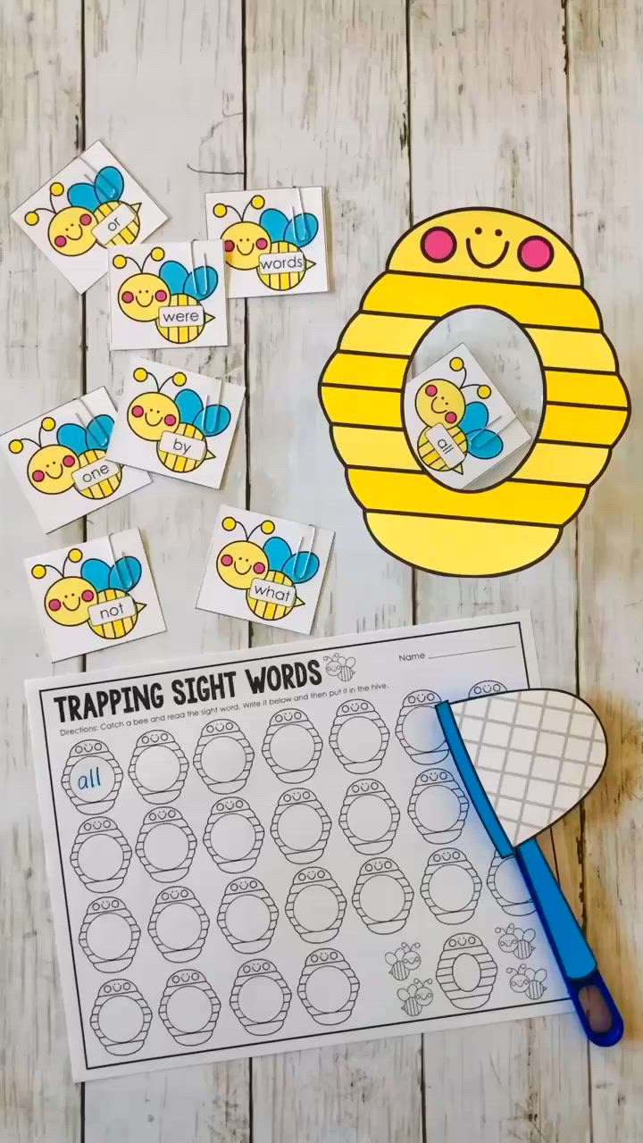 This may contain: a bee themed sight words game for kids