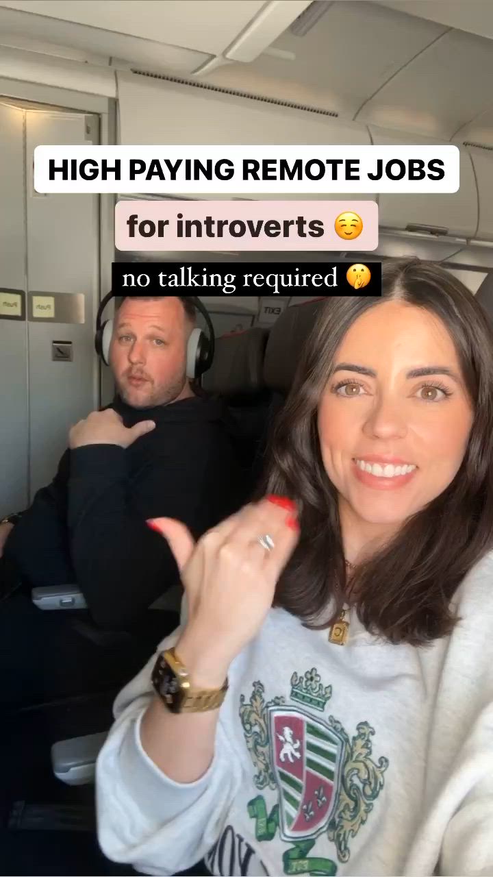 This may contain: two people sitting in an airplane with the caption high paying remote jobs for innovets no talking required