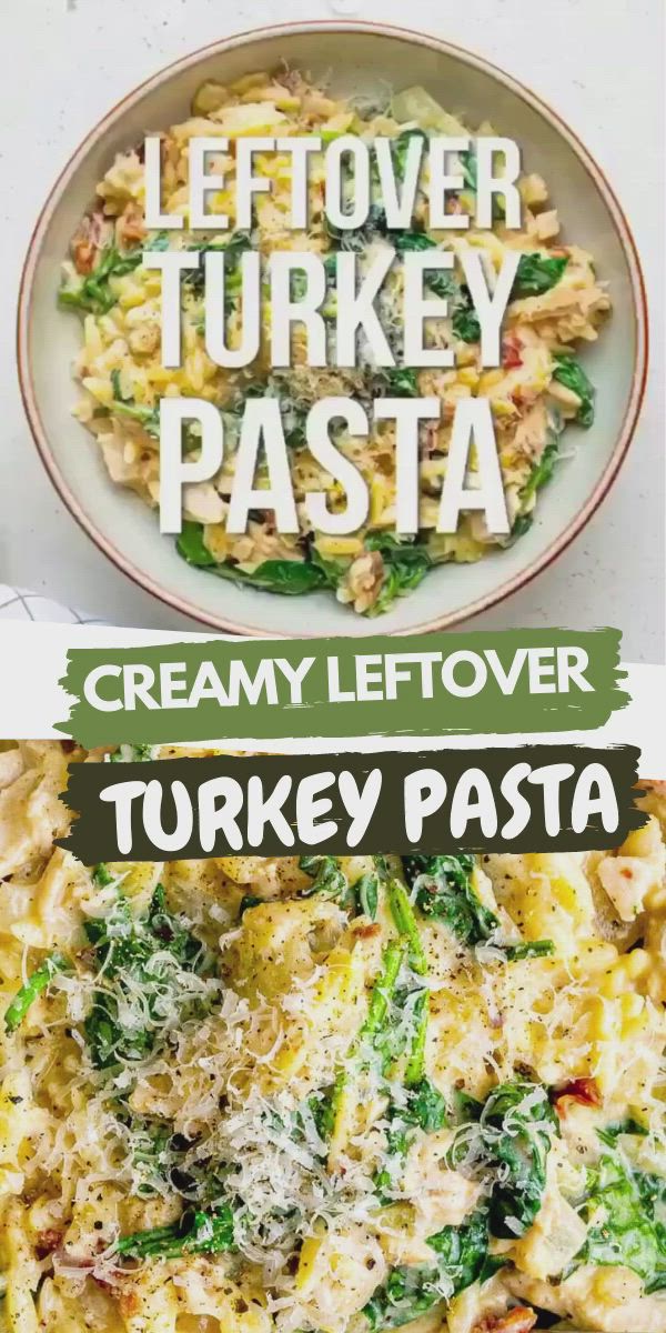 This may contain: the leftover turkey pasta has been made with creamy leftovers and is ready to be eaten