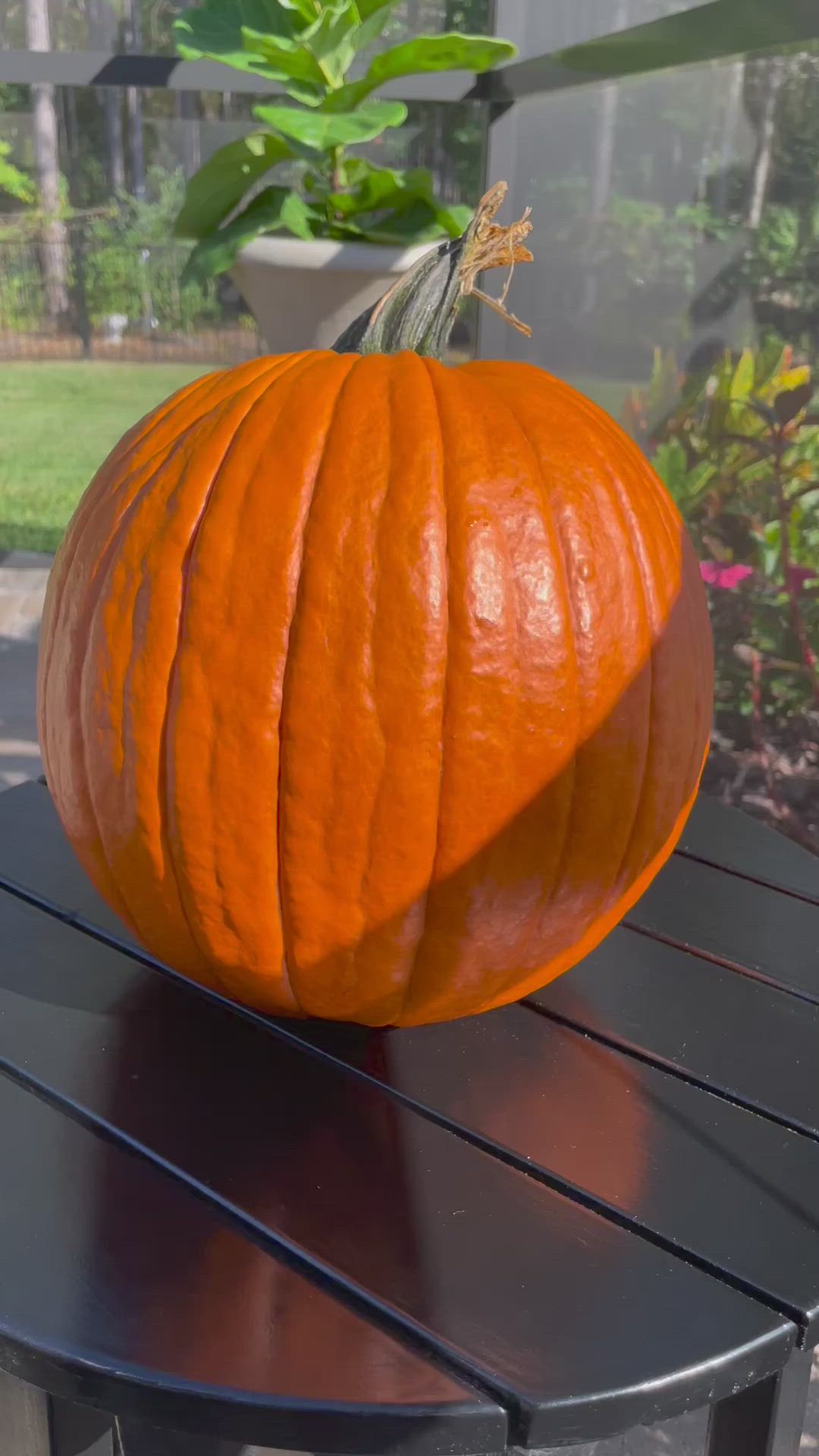 This may contain: a pumpkin sitting on top of hay next to flowers