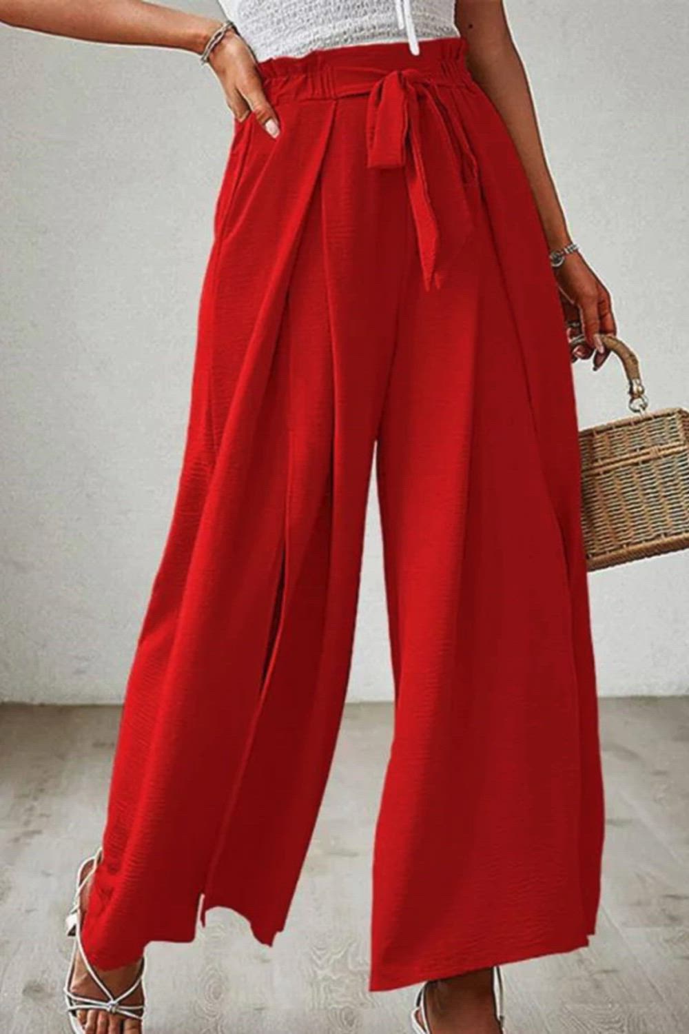 Boho Fashion Wide Leg Red Pant Bow-tie Loose High-waist Pleated Wide-leg Belt Pants