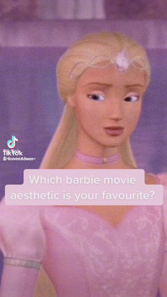 This may contain: the princess is talking to someone in her pink dress, and she says which barbie movie aesthetic is your favorite?