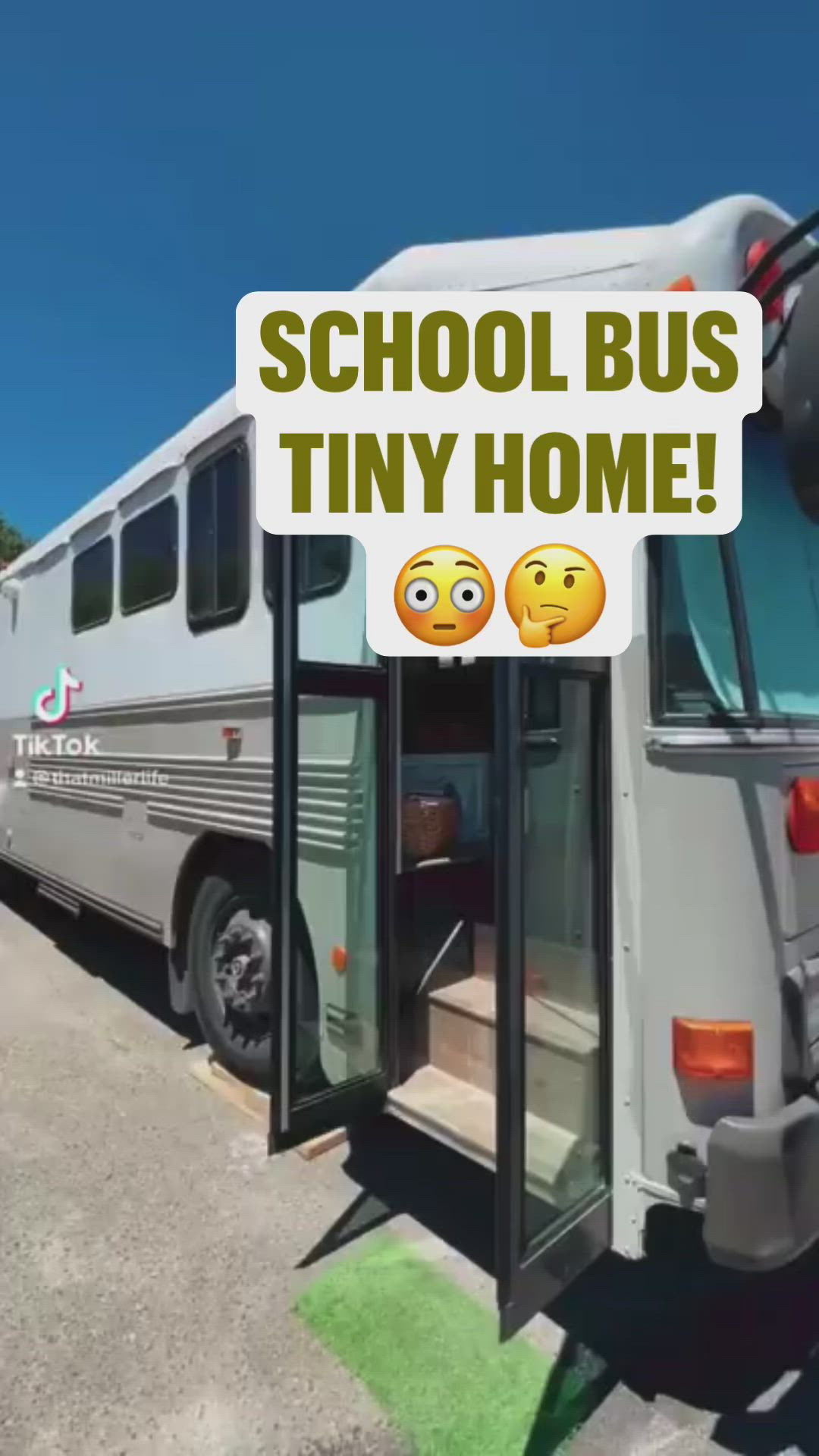 This may contain: a bus with the words school bus tiny home written on it's front door