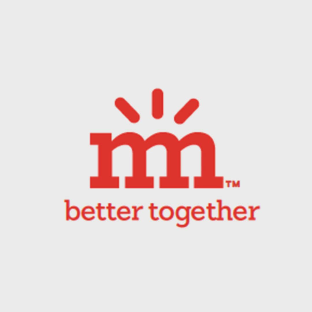 This may contain: the logo for m & m's better together, which is red and white