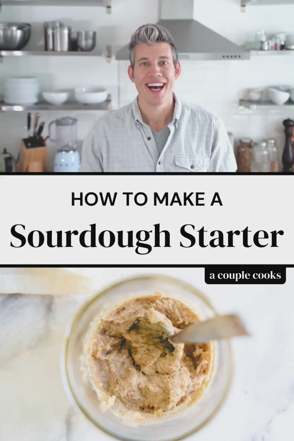 This may contain: how to make a sourdough starter recipe in a jar with text overlay