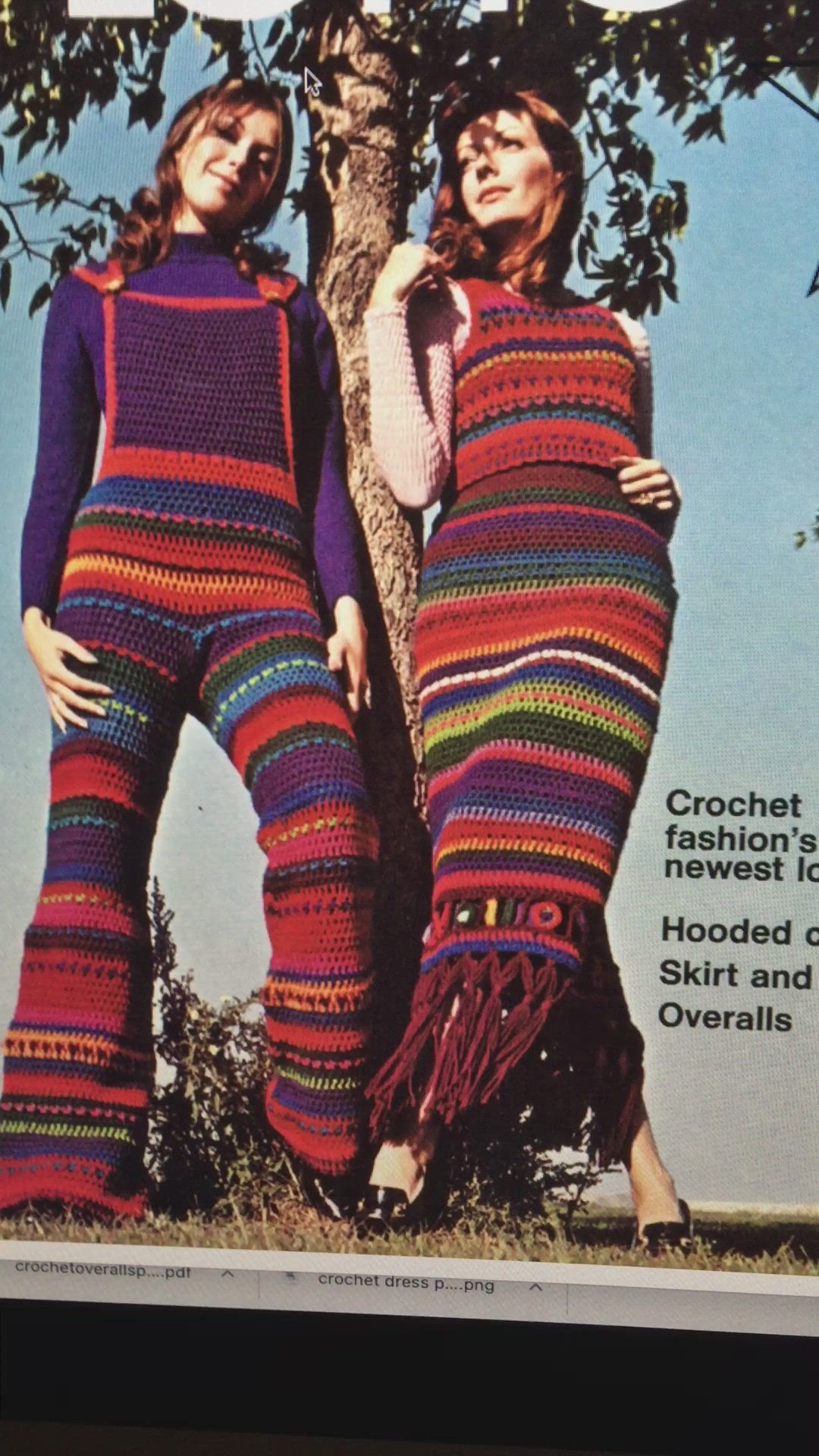 This may contain: two women in crochet clothing standing next to a tree