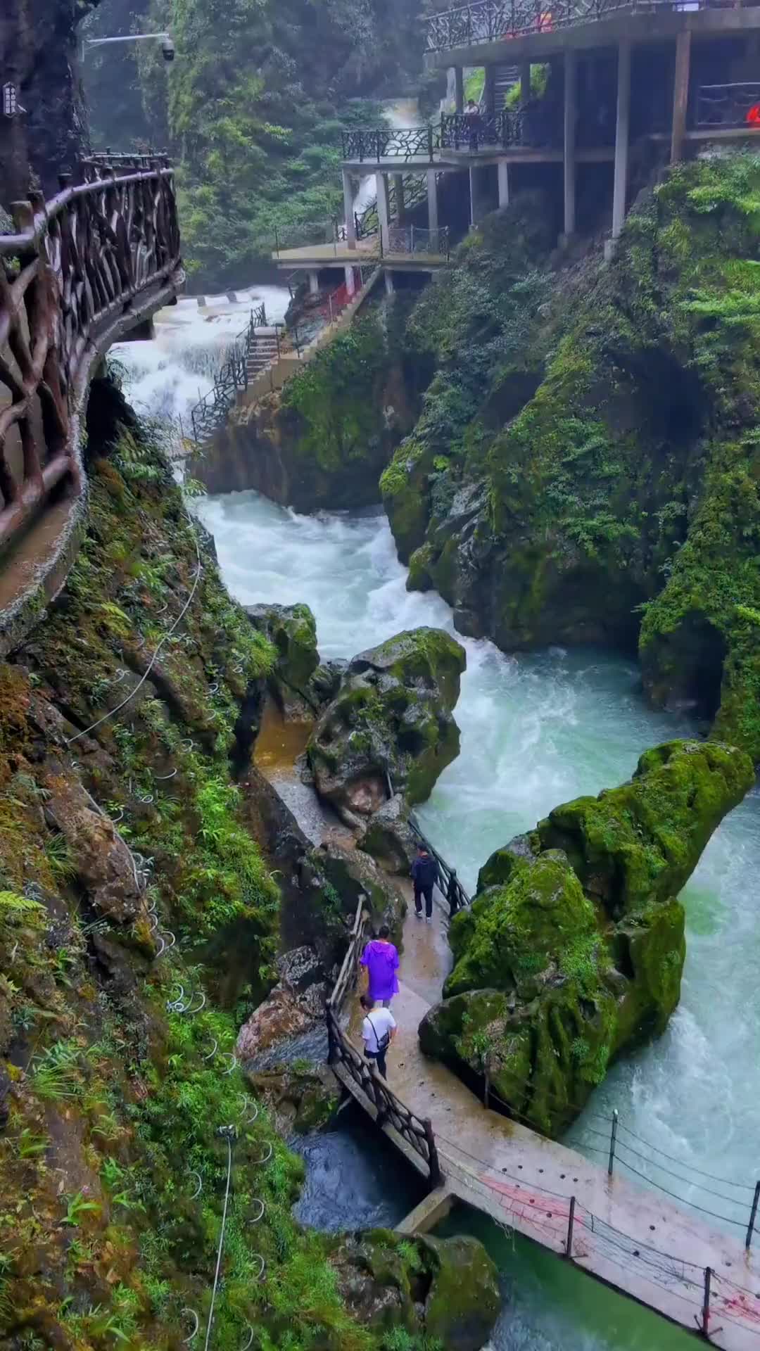 This may contain: a person walking across a bridge over a river