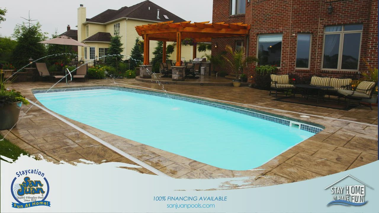 This may contain: an advertisement for a swimming pool with a house in the back ground and chairs around it