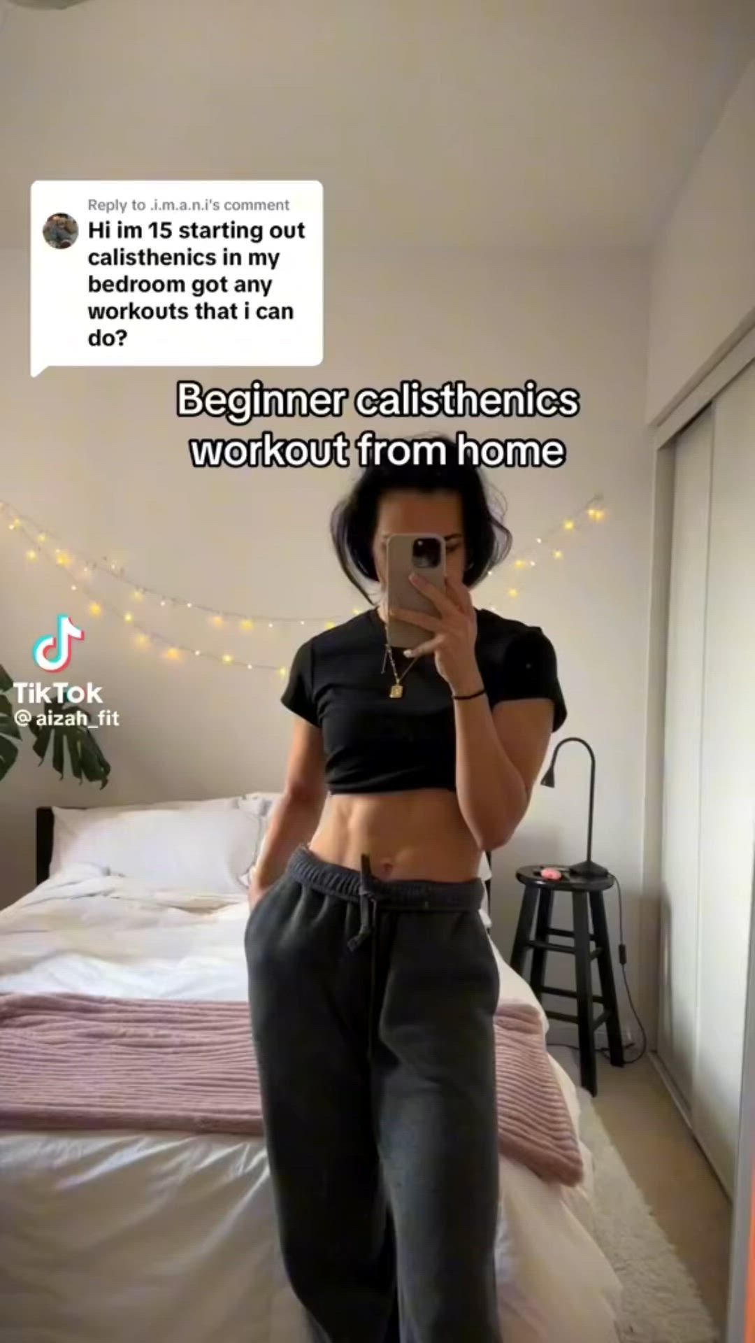 This may contain: a woman taking a selfie in her bedroom with the caption saying, beginners creatifiastics work out from home