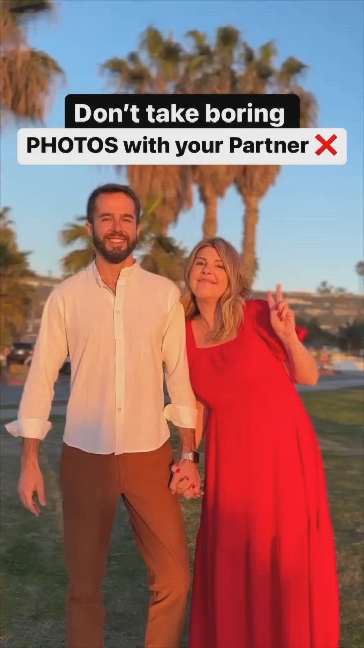 This may contain: a man and woman standing next to each other in front of palm trees with the caption don't take boring photos with your partner