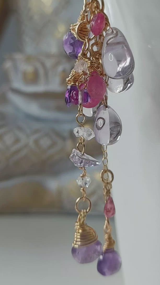 This contains an image of: "Marlena" The Goddess Collection by Purity: Amethyst & Sapphire 14ct Gold Fill Cluster Earrings